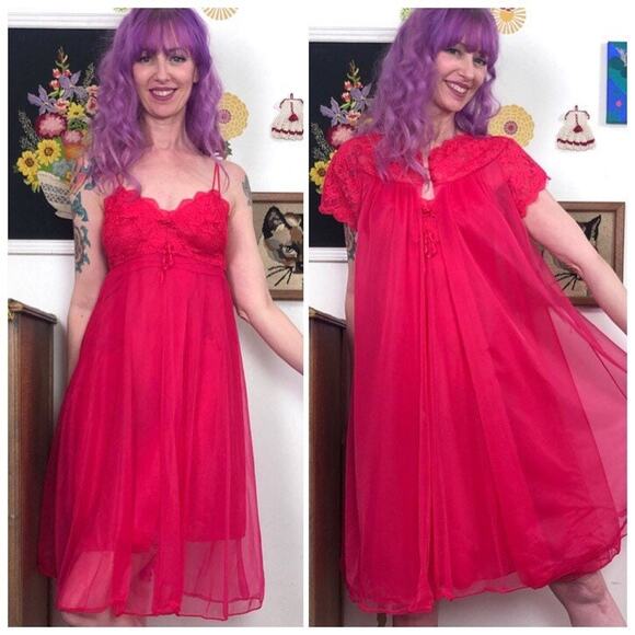 Vintage Red Chiffon Peignoir Set, 1960s Sheer Nylon Robe & Nightie by Warners S - Picture 1 of 10